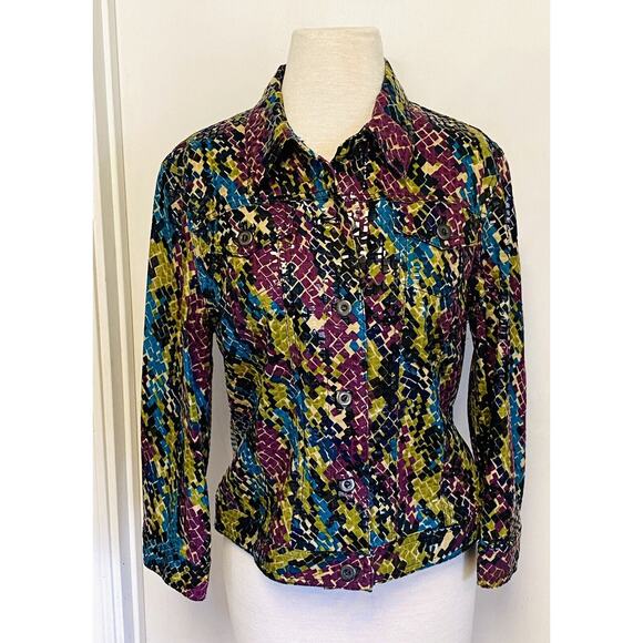 Ruby Rd Size 12 Purple Blue Black Green Shiny Button Up Jacket Blouse Bling - Picture 1 of 8
